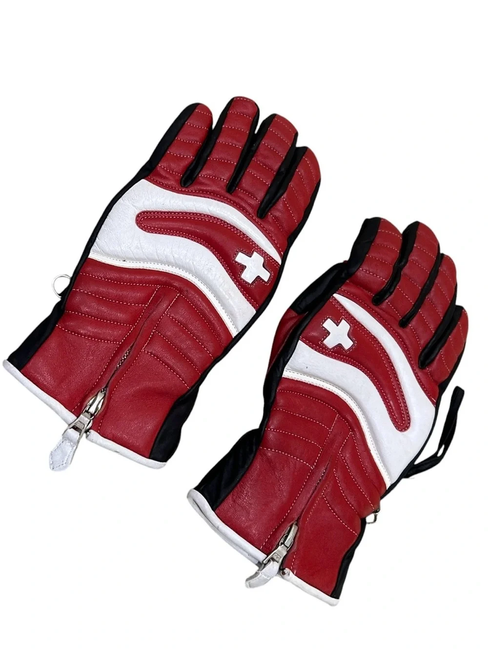 Al Sport Red black White Leather moto sporty Gloves Swiss Cross Detail zip sz 7